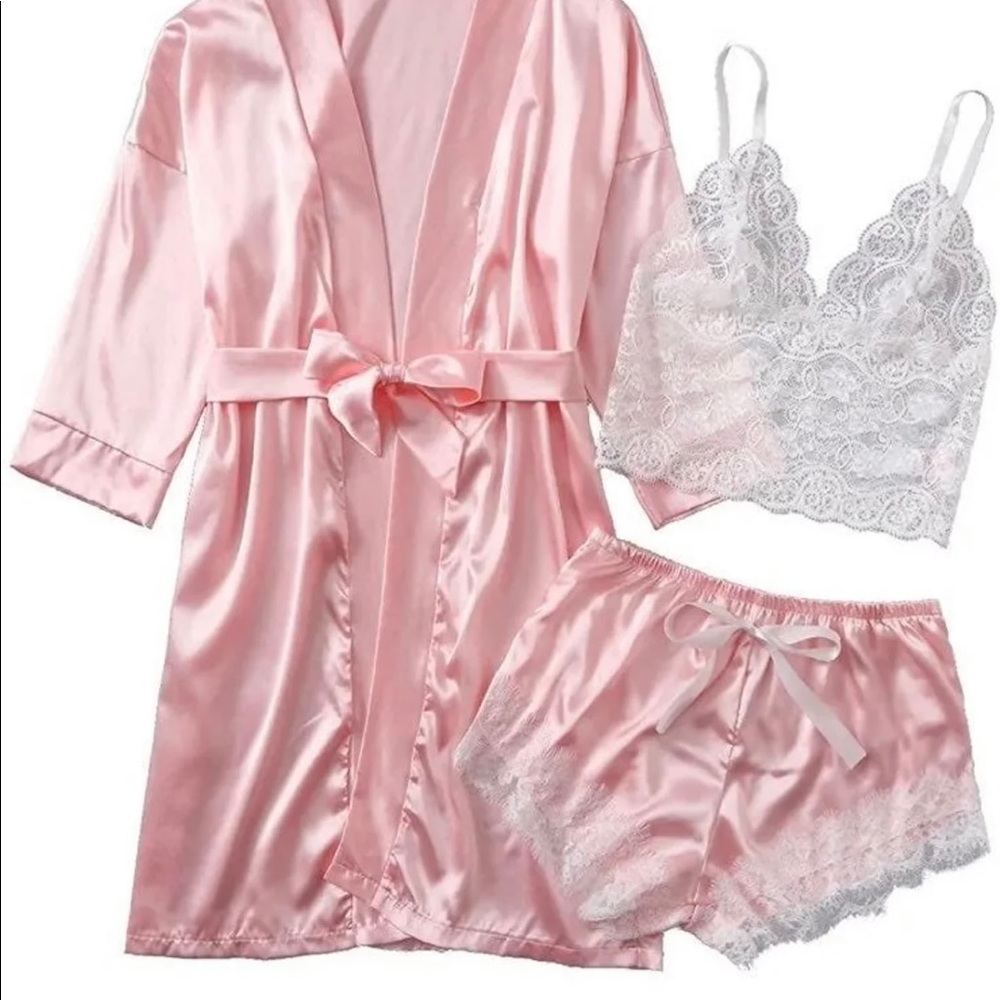 Women's Sheer Lace Bralette and Striped Shorts Pajama Lingerie Set with Robe